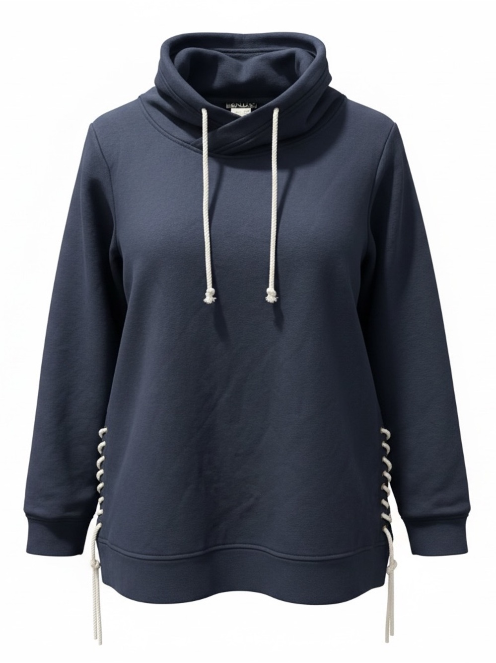 VENUS Navy Cowl Neck Pullover with White Lace-Up Side Ties